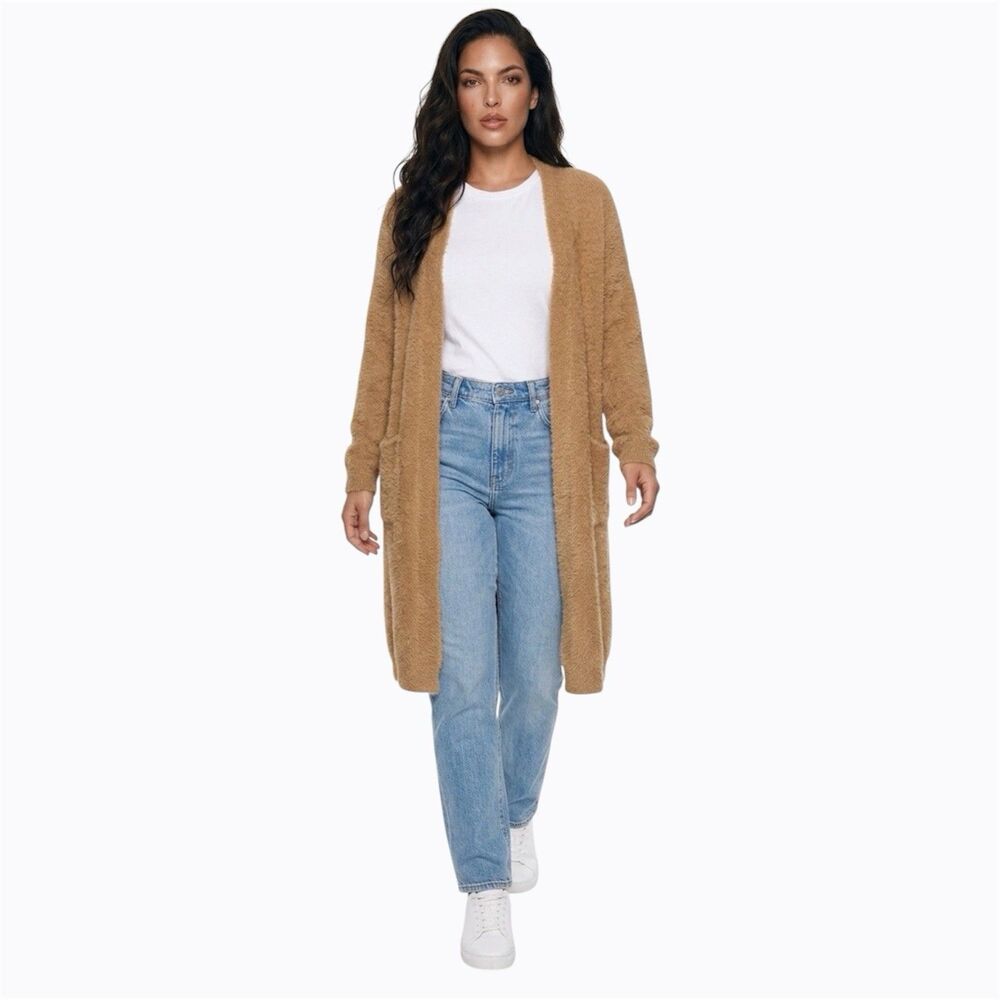 STELEN Fuzzy Knit Long Cardigan Sweater Camel Tan Open Front Slouchy Womens Sz M - Picture 4 of 16